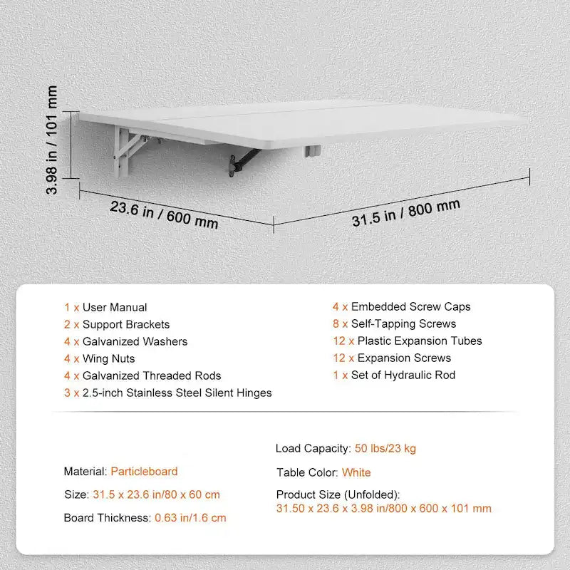 Bureau mural flottant, Table pliable pour la maison ou le bureau