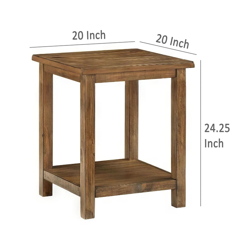 Table d'appoint à étagère unique, bois marron vieilli, carrée, 50,8 cm