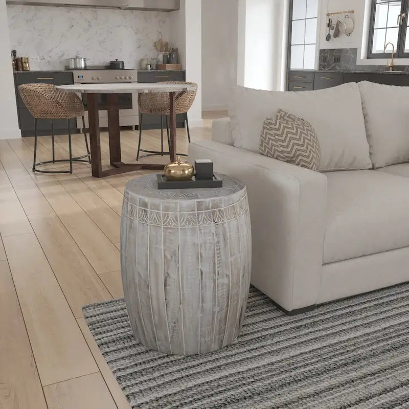 Serenity Side End Table with 16 Inch Round Top, In Antique White Mango Wood