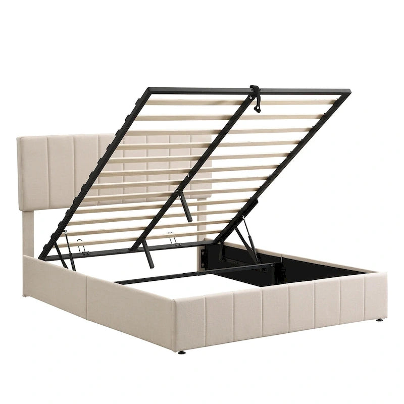 Lit plateforme rembourré avec système de rangement hydraulique