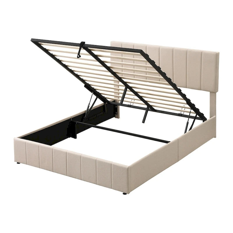 Lit plateforme rembourré avec système de rangement hydraulique