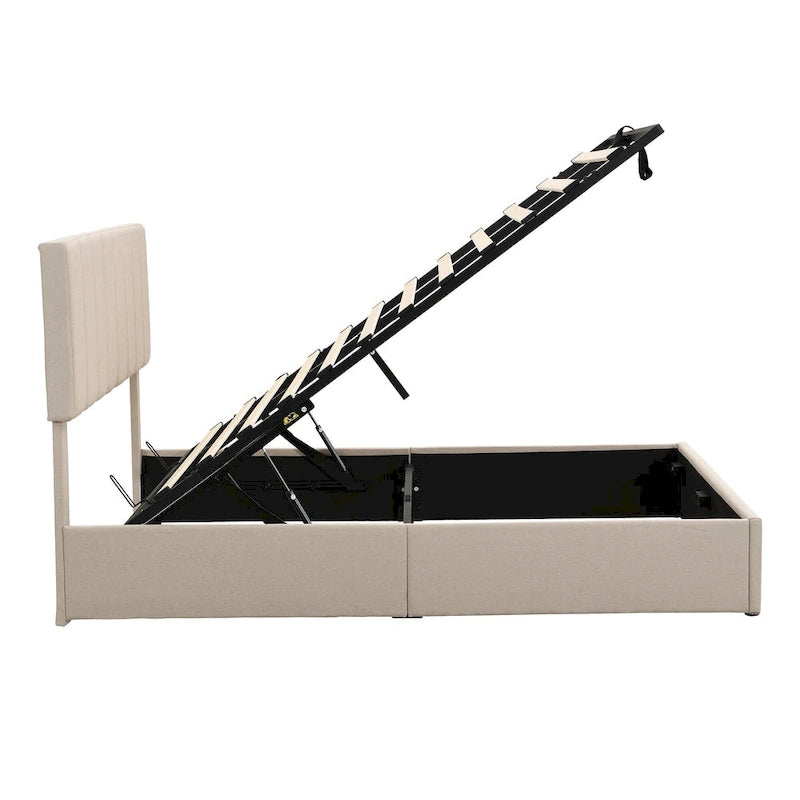Lit plateforme rembourré avec système de rangement hydraulique
