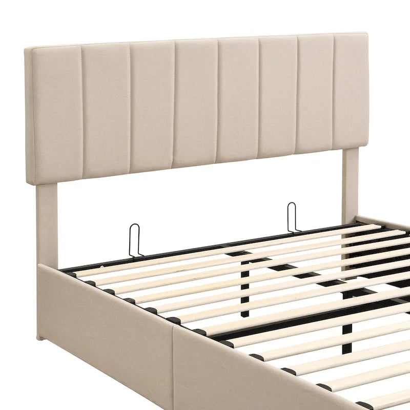 Lit plateforme rembourré avec système de rangement hydraulique