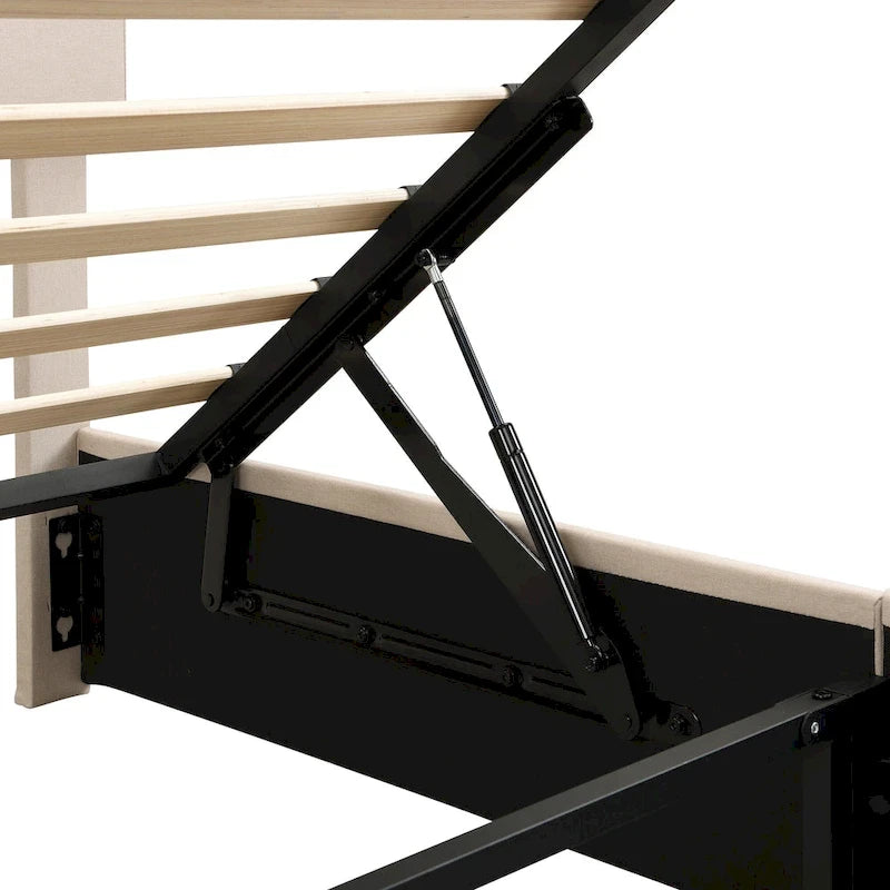 Lit plateforme rembourré avec système de rangement hydraulique