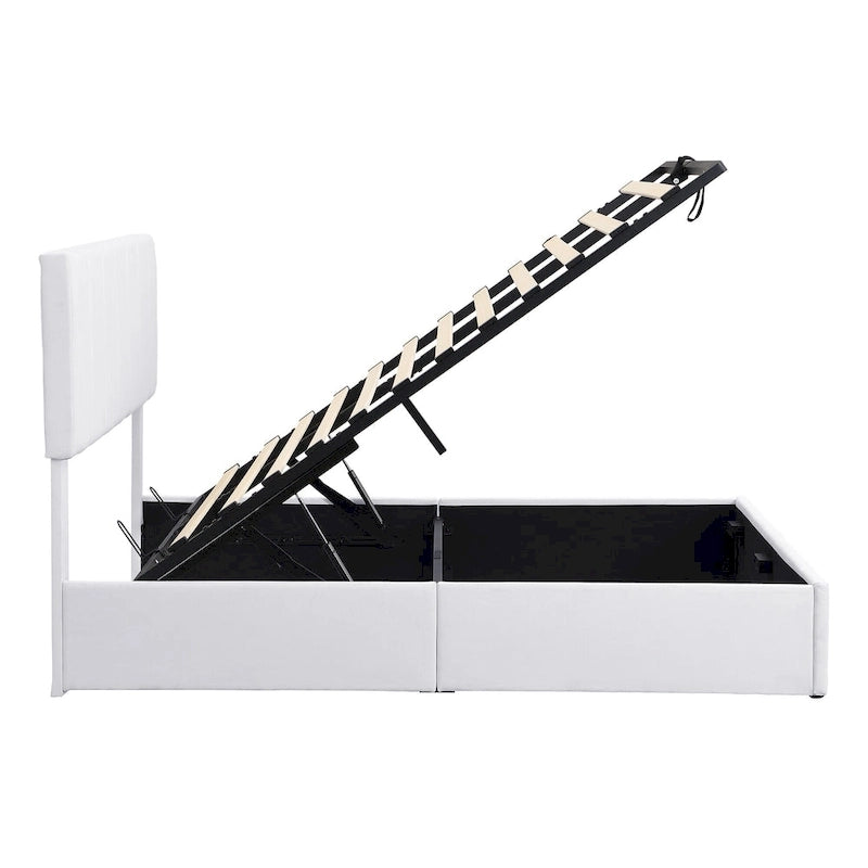 Lit plateforme rembourré avec système de rangement hydraulique