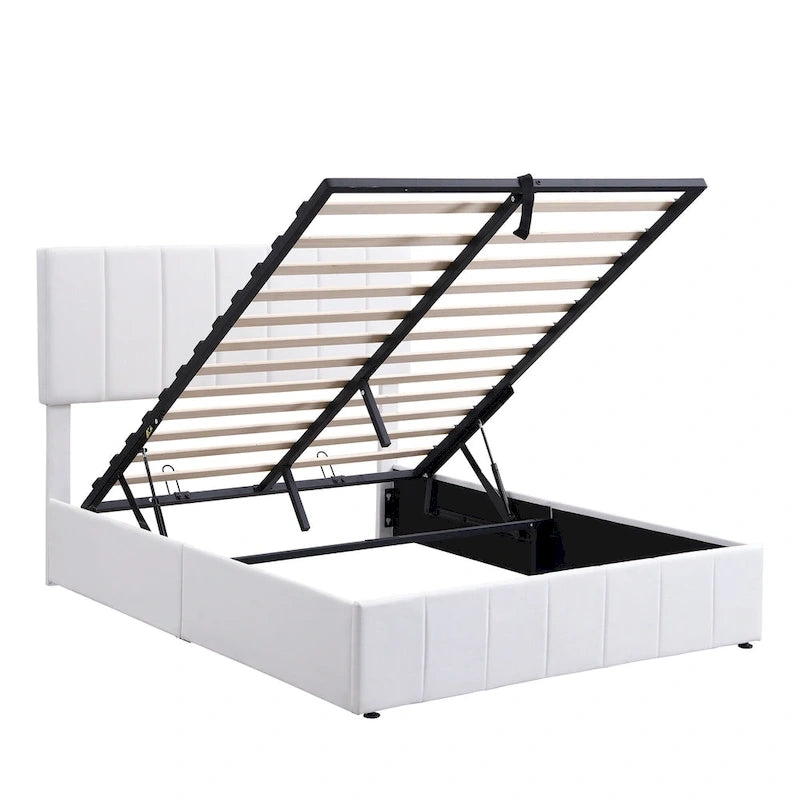 Lit plateforme rembourré avec système de rangement hydraulique