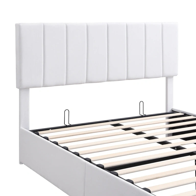 Lit plateforme rembourré avec système de rangement hydraulique