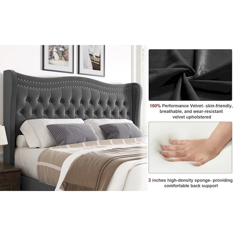 Lit plateforme King Size moderne en velours avec tête de lit capitonnée