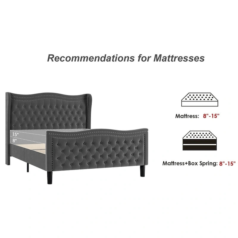Lit plateforme King Size moderne en velours avec tête de lit capitonnée