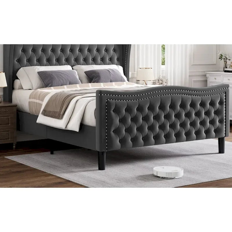 Lit plateforme King Size moderne en velours avec tête de lit capitonnée