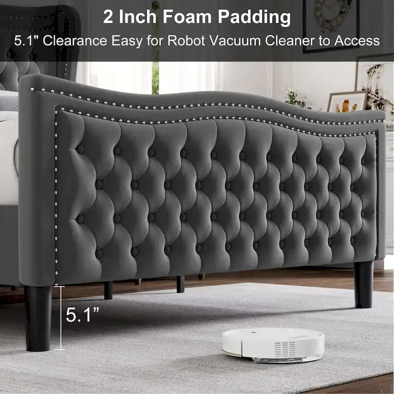 Lit plateforme King Size moderne en velours avec tête de lit capitonnée