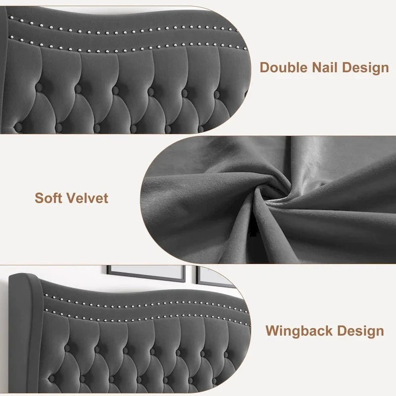 Lit plateforme King Size moderne en velours avec tête de lit capitonnée