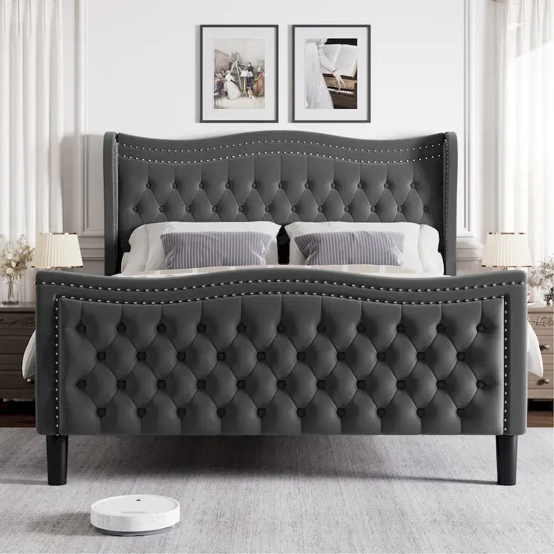 Lit plateforme King Size moderne en velours avec tête de lit capitonnée