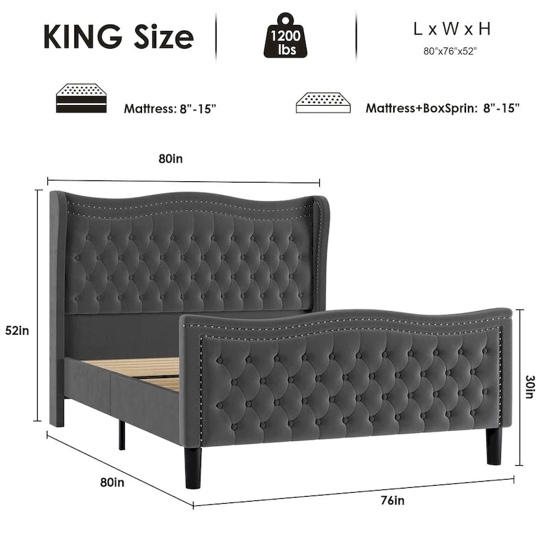 Lit plateforme King Size moderne en velours avec tête de lit capitonnée
