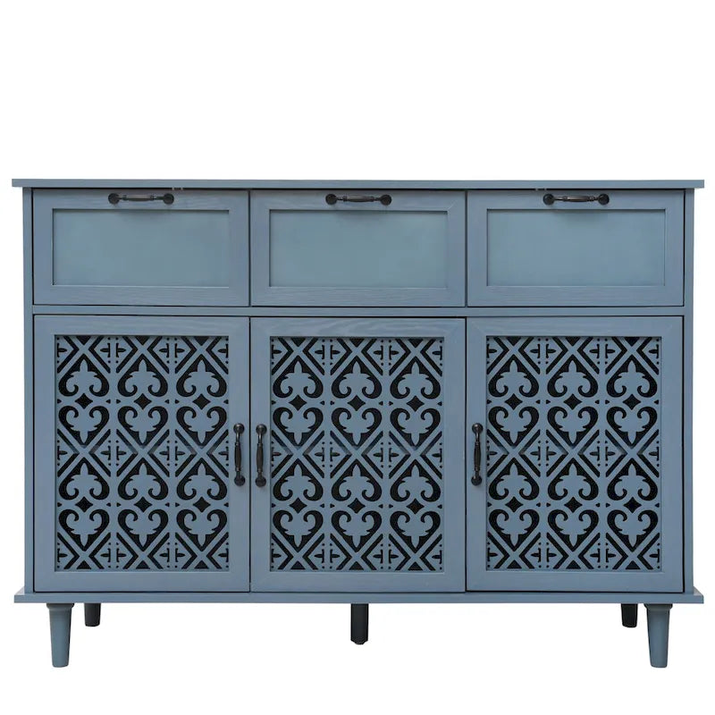 Commode horizontale de style rétro 47.24 avec 3 tiroirs et 3 portes, panneau sculpté pour chambre à coucher, salon