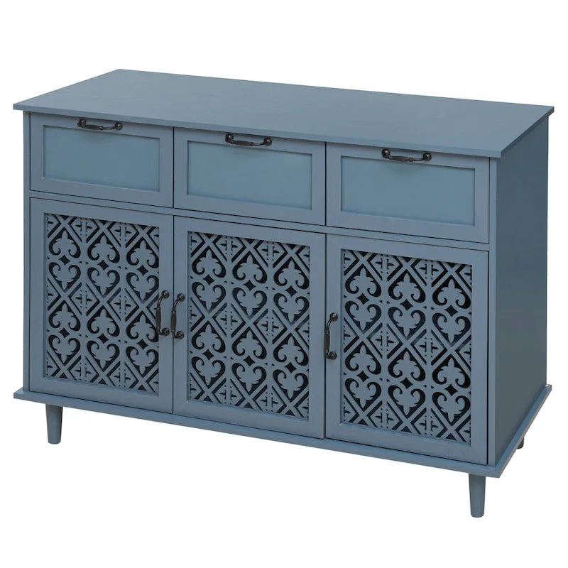 Commode horizontale de style rétro 47.24 avec 3 tiroirs et 3 portes, panneau sculpté pour chambre à coucher, salon