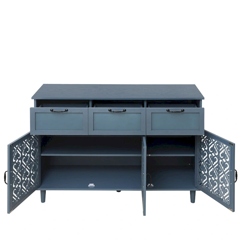 Commode horizontale de style rétro 47.24 avec 3 tiroirs et 3 portes, panneau sculpté pour chambre à coucher, salon