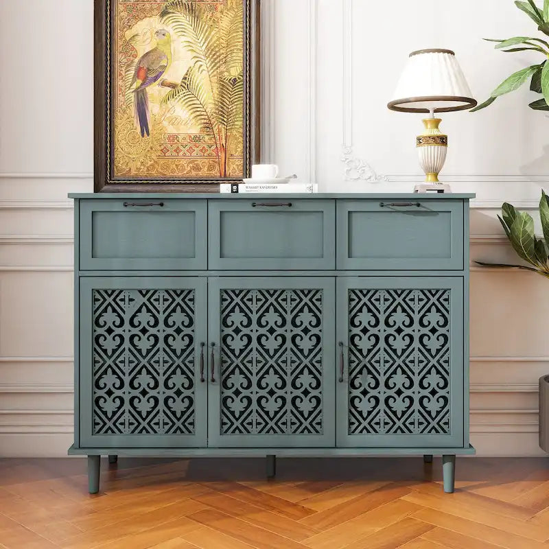 Commode horizontale de style rétro 47.24 avec 3 tiroirs et 3 portes, panneau sculpté pour chambre à coucher, salon