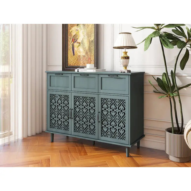 Commode horizontale de style rétro 47.24 avec 3 tiroirs et 3 portes, panneau sculpté pour chambre à coucher, salon