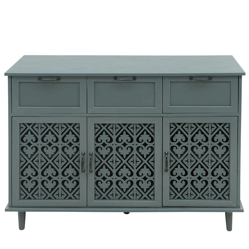 Commode horizontale de style rétro 47.24 avec 3 tiroirs et 3 portes, panneau sculpté pour chambre à coucher, salon