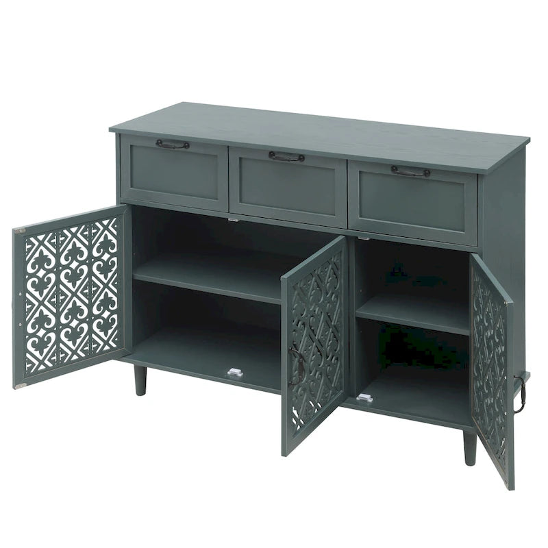 Commode horizontale de style rétro 47.24 avec 3 tiroirs et 3 portes, panneau sculpté pour chambre à coucher, salon