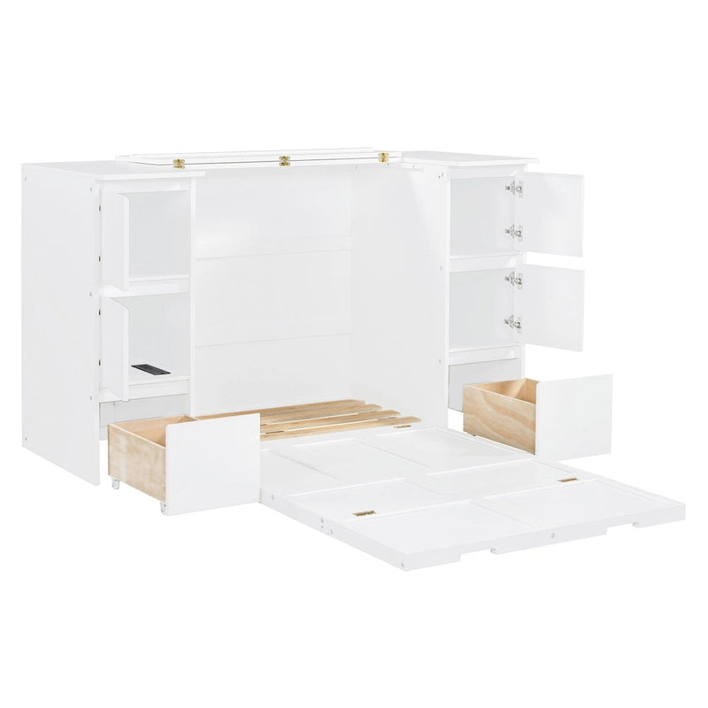 Lit escamotable avec tiroirs, armoires et ports USB