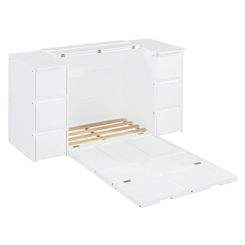 Lit escamotable avec tiroirs, armoires et ports USB