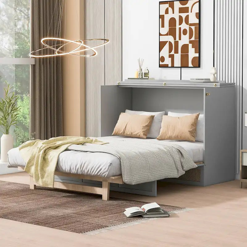 Lit escamotable gris deux places avec rangements modulables et grands tiroirs