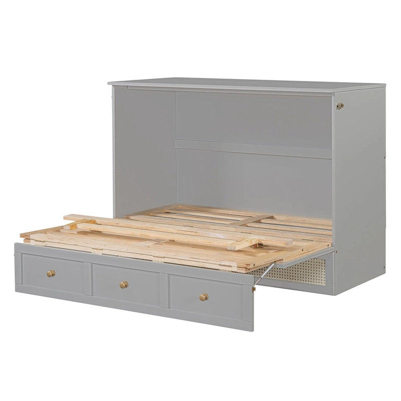 Lit escamotable gris deux places avec rangements modulables et grands tiroirs