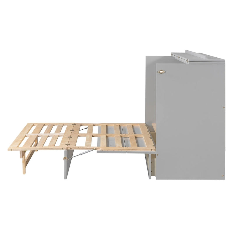 Lit escamotable gris deux places avec rangements modulables et grands tiroirs