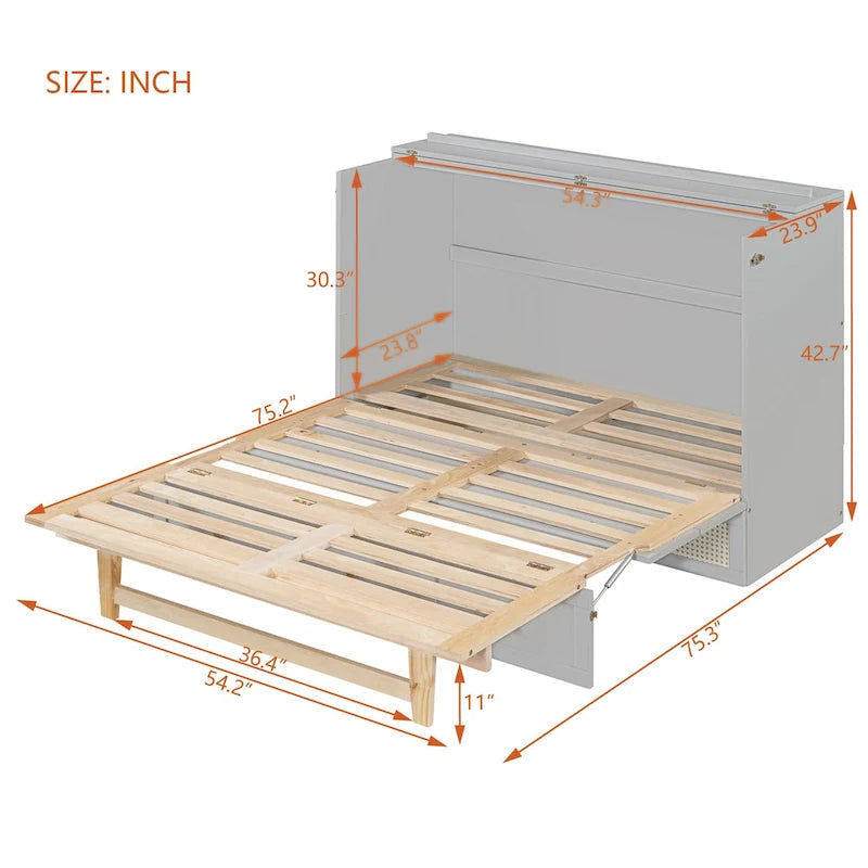 Lit escamotable gris deux places avec rangements modulables et grands tiroirs