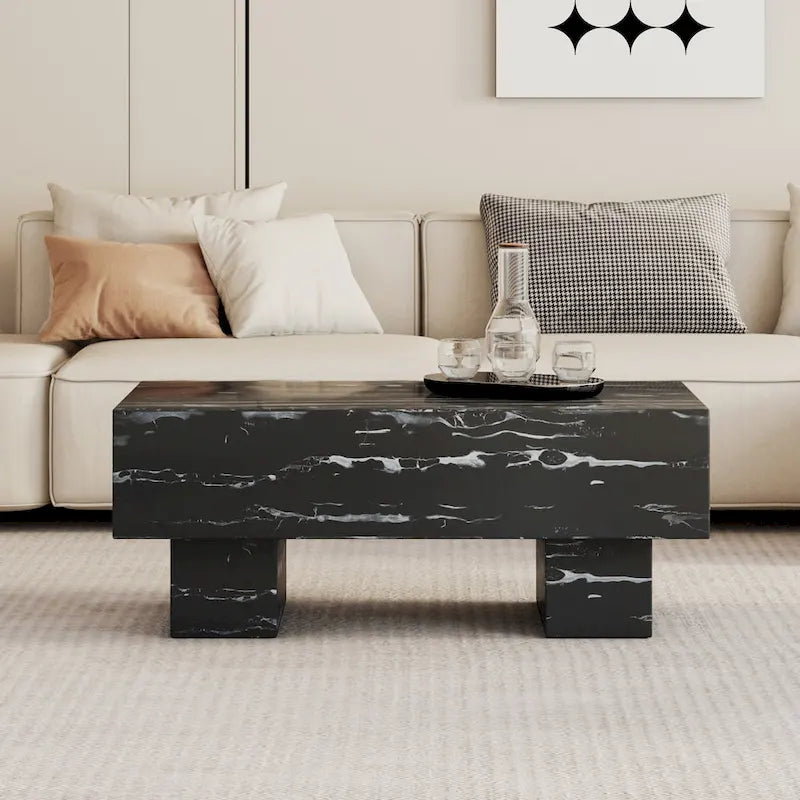 Table basse en MDF de 110 cm avec texture marbre noir, capacité de 136 kg
