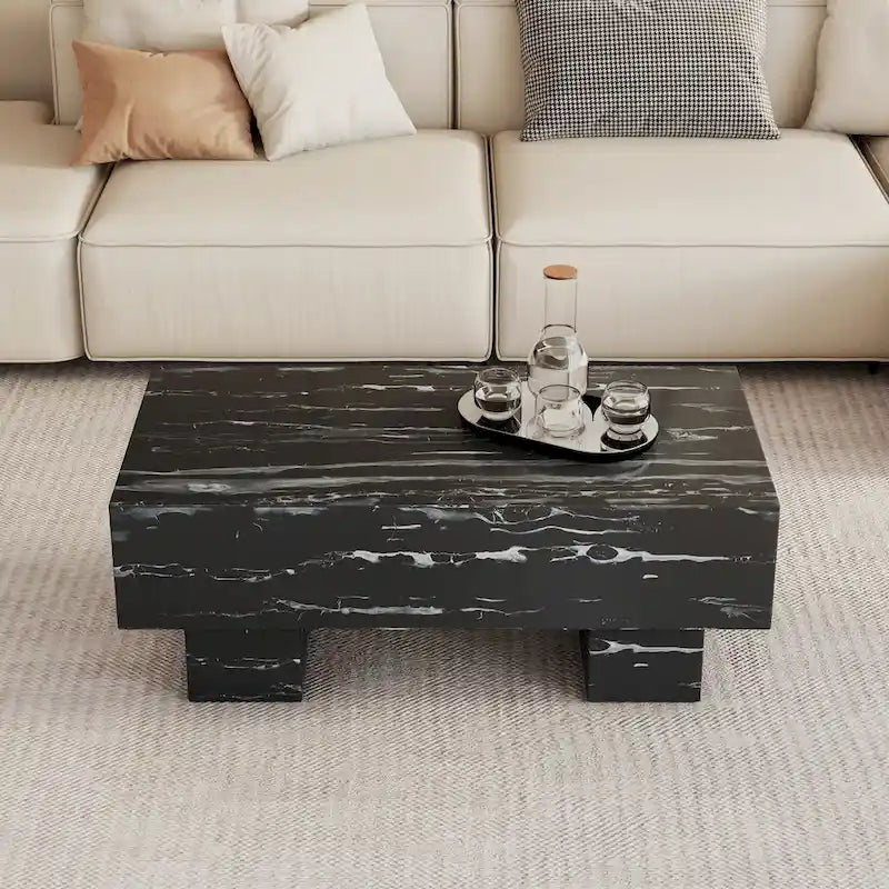 Table basse en MDF de 110 cm avec texture marbre noir, capacité de 136 kg