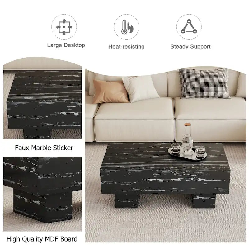 Table basse en MDF de 110 cm avec texture marbre noir, capacité de 136 kg