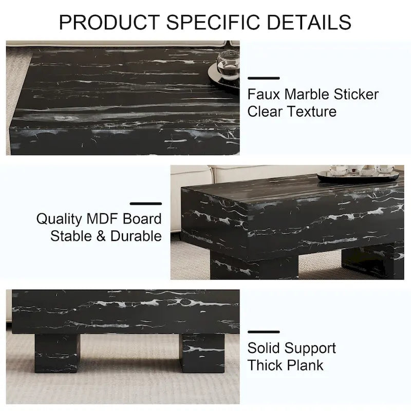 Table basse en MDF de 110 cm avec texture marbre noir, capacité de 136 kg