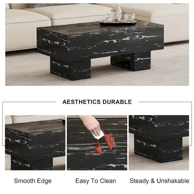 Table basse en MDF de 110 cm avec texture marbre noir, capacité de 136 kg