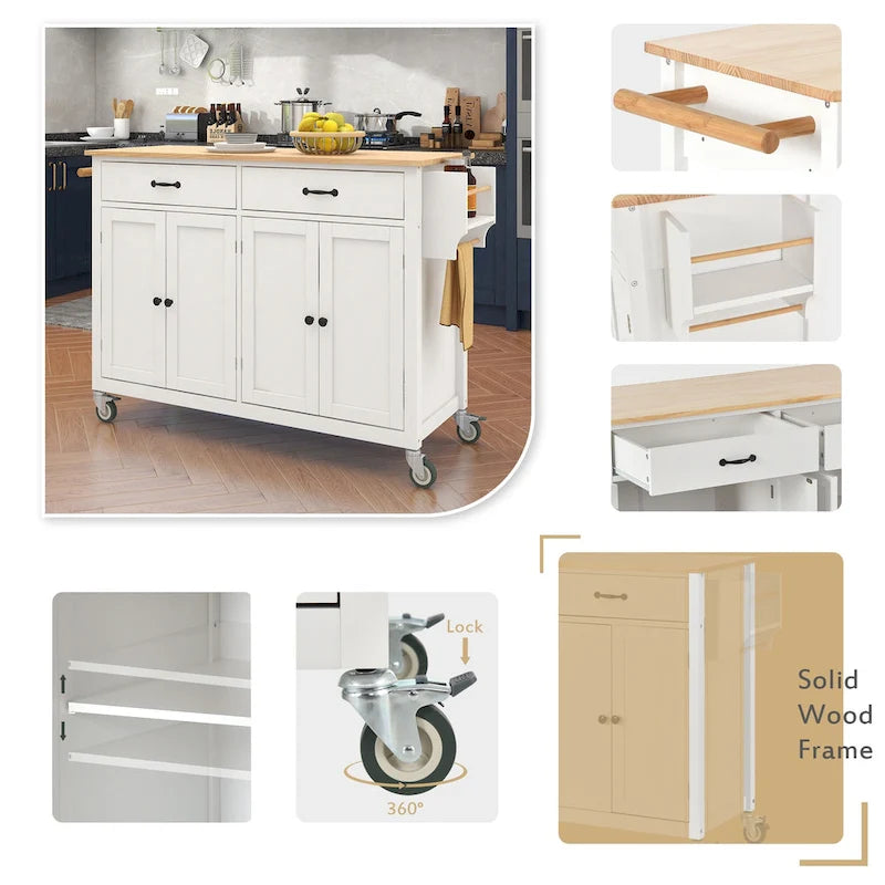 Dessert de cuisine essentiel en MDF avec plateau en bois massif, roues verrouillables et porte-épices