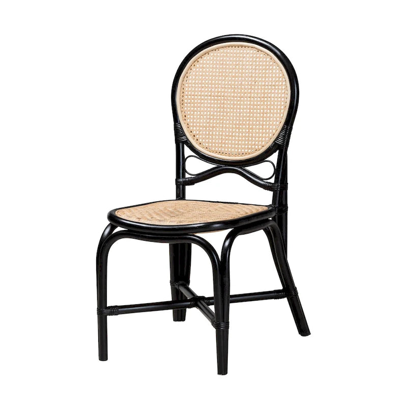 Chaise de salle à manger bicolore Mid-Century Modern en rotin noir et marron naturel