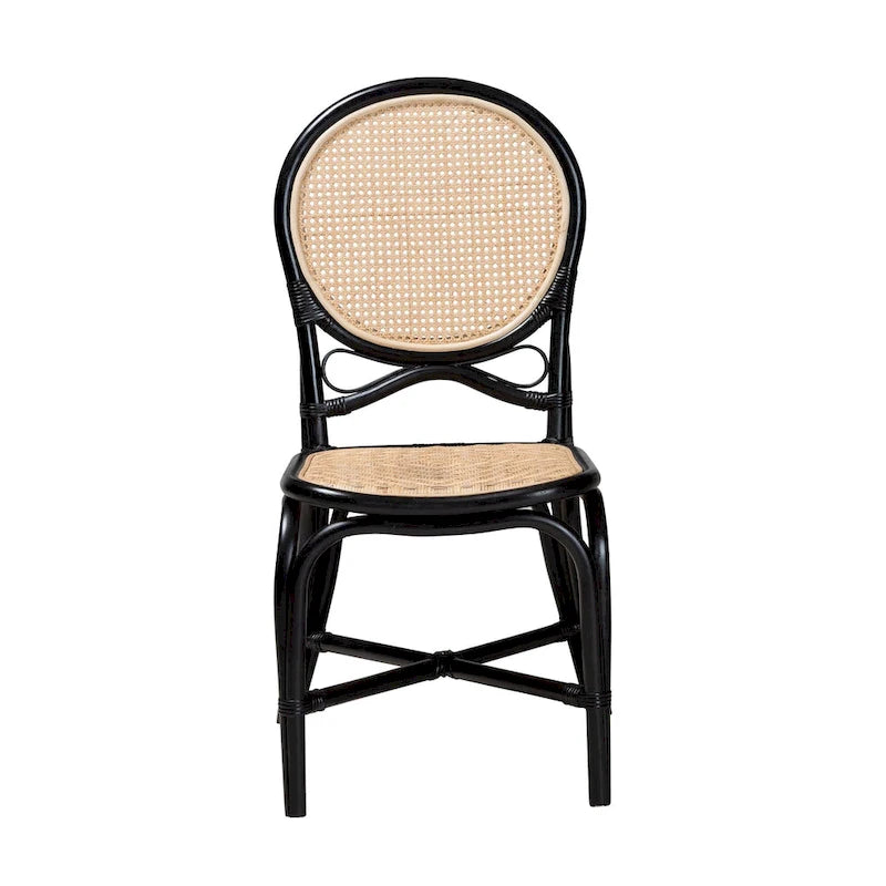 Chaise de salle à manger bicolore Mid-Century Modern en rotin noir et marron naturel
