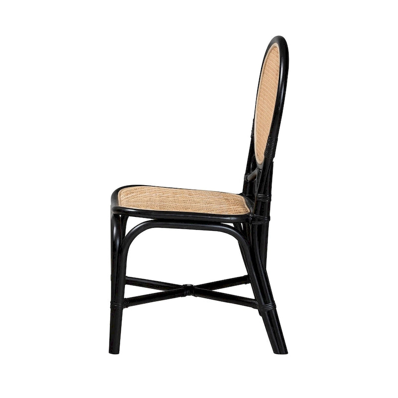 Chaise de salle à manger bicolore Mid-Century Modern en rotin noir et marron naturel