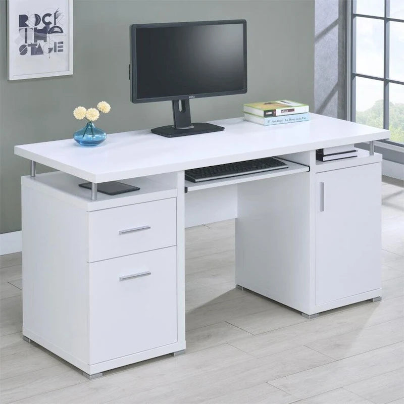 Bureau informatique avec 2 tiroirs et placard, blanc
