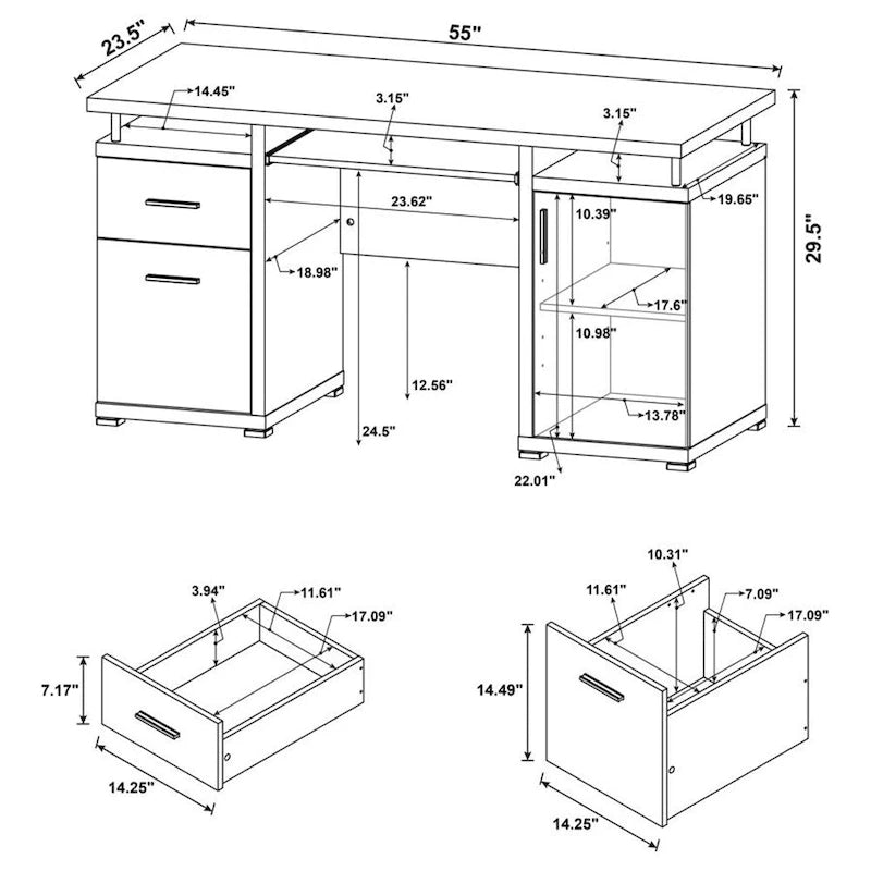 Bureau informatique avec 2 tiroirs et placard, blanc