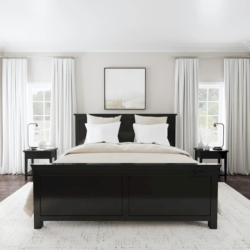 Lit King en bois noir et deux tables de chevet