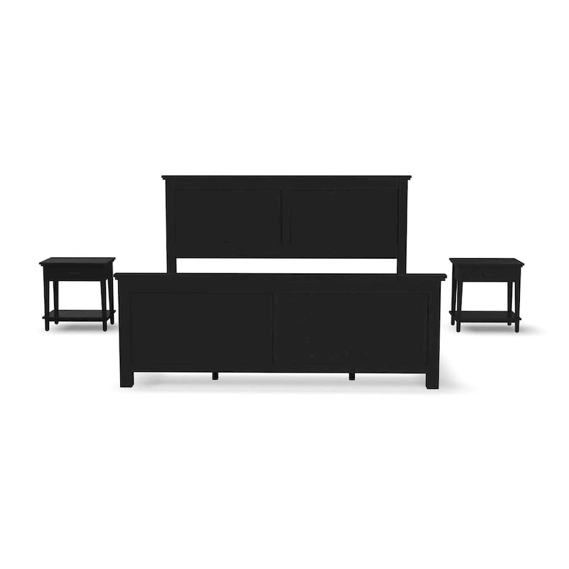 Lit King en bois noir et deux tables de chevet