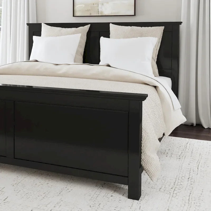 Lit King en bois noir et deux tables de chevet
