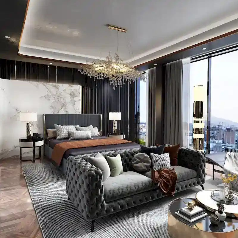 Cadre de lit moderne illuminé avec garniture dorée - Design rembourré et chic