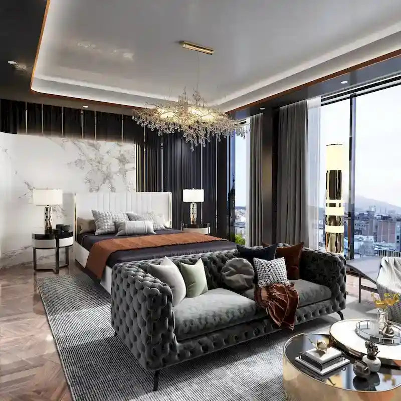 Cadre de lit moderne illuminé avec garniture dorée - Design rembourré et chic