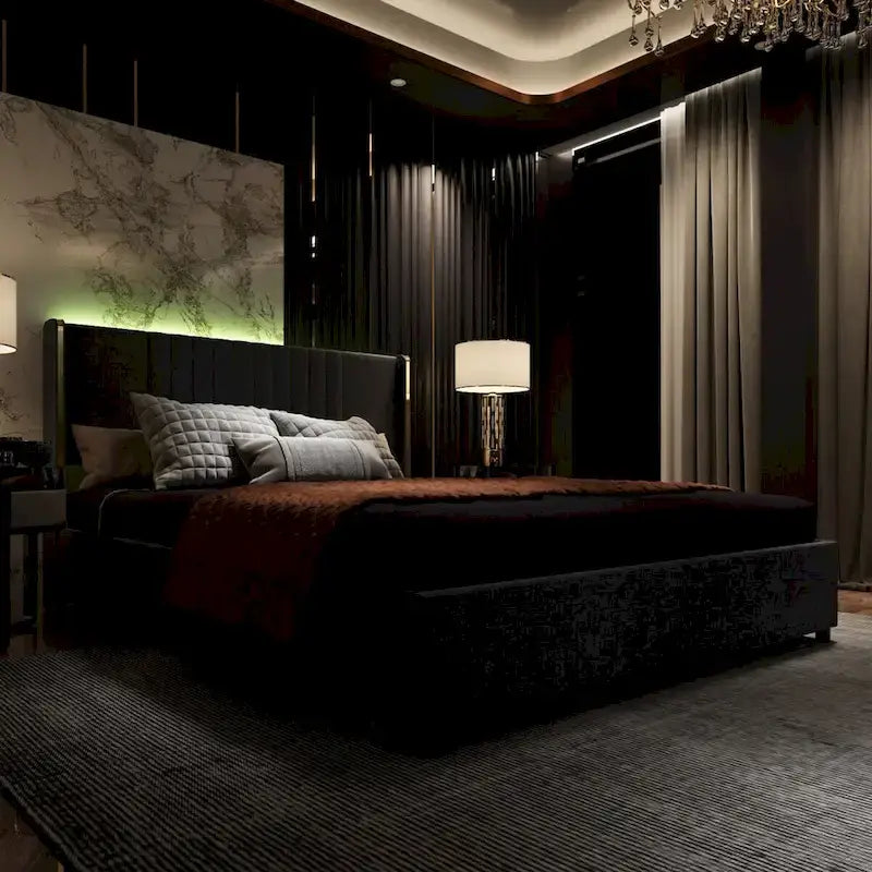 Cadre de lit moderne illuminé avec garniture dorée - Design rembourré et chic