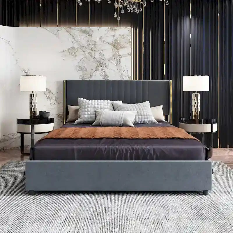 Cadre de lit moderne illuminé avec garniture dorée - Design rembourré et chic