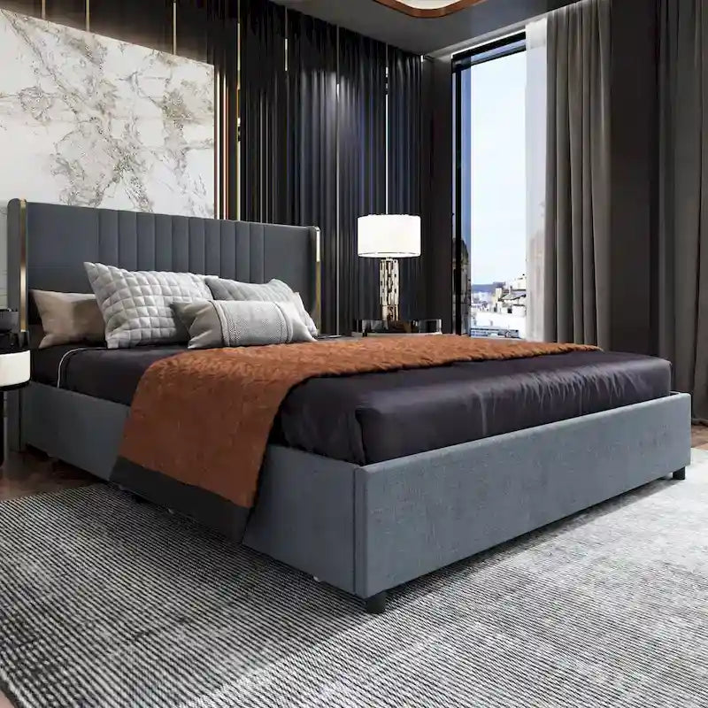 Cadre de lit moderne illuminé avec garniture dorée - Design rembourré et chic